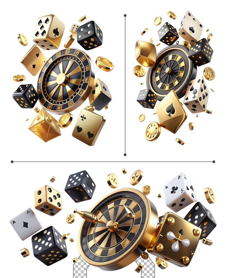 Opwindende spelelementen met roulette en dobbelstenen in een levendig ontwerp dat kans en geluk toont