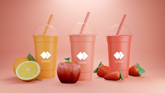 Orange, apple and strawberry smoothie mockup isolated