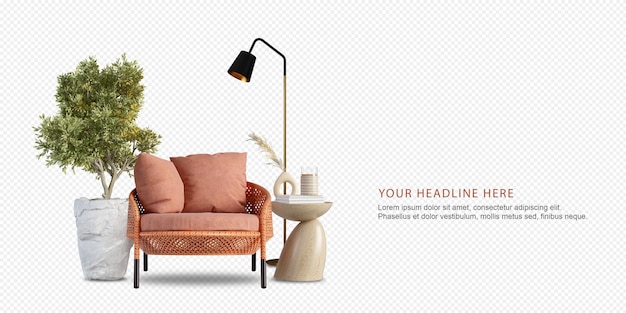 Orange armchair and plant in 3d rendering