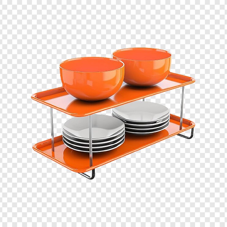 PSD orange bowls on a shelf with one that says orange
