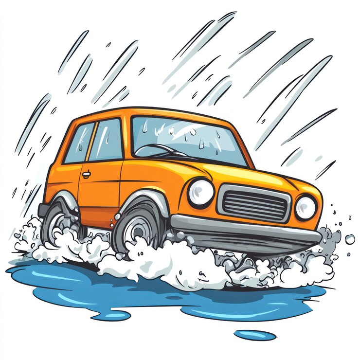 PSD orange car splashing through a puddle in heavy rain