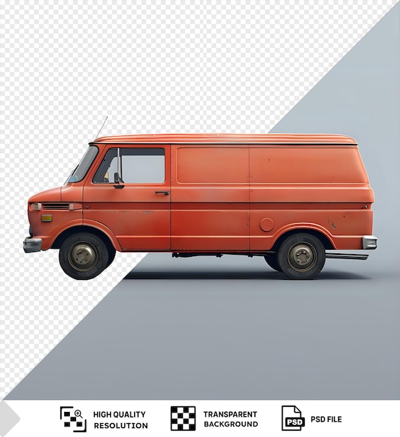 PSD orange cargo van with black tires and antenna on gray background featuring a closed door and glass window with a black shadow in the foreground png