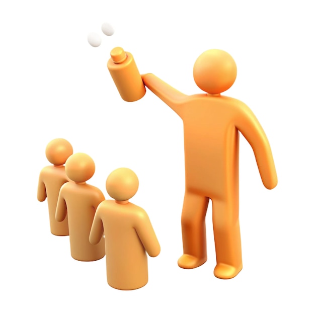 orange cartoon man with orange shirt pointing at a white ball