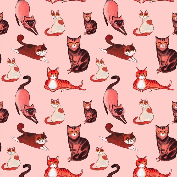 PSD orange cat stretches its legs sits and plays lies down handdrawn watercolor seamless pattern