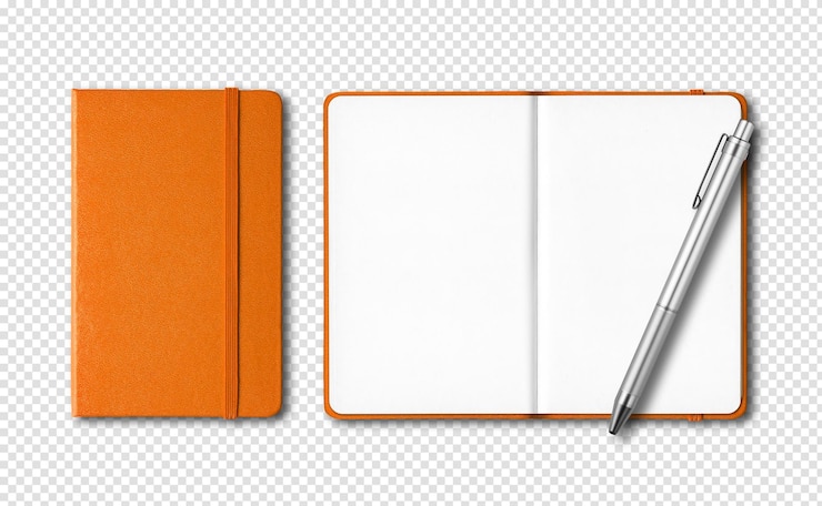 PSD orange closed and open notebooks with a pen isolated on transparent background