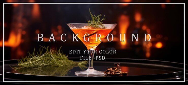 PSD orange cocktail with rosemary and ice on black tray