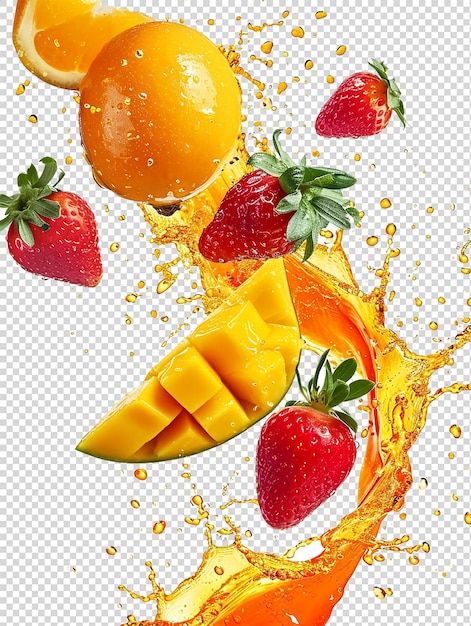 オレンジ色のスプラッシュと白のマンゴーとイチゴ