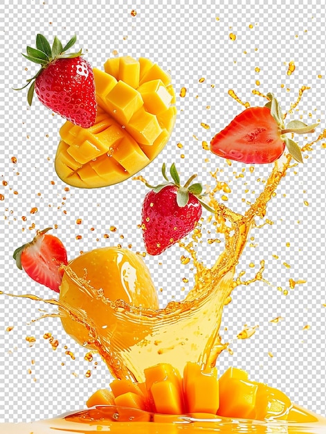 Splash di colore arancione con mango e fragola su bianco