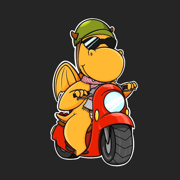 An orange dragon riding a motorbike