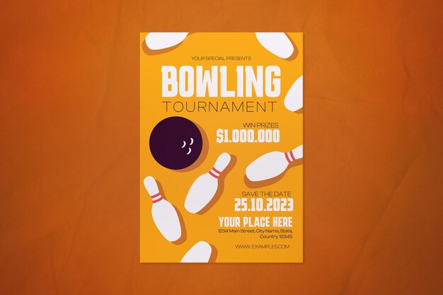 PSD flyer del torneo di bowling a disegno piatto arancione