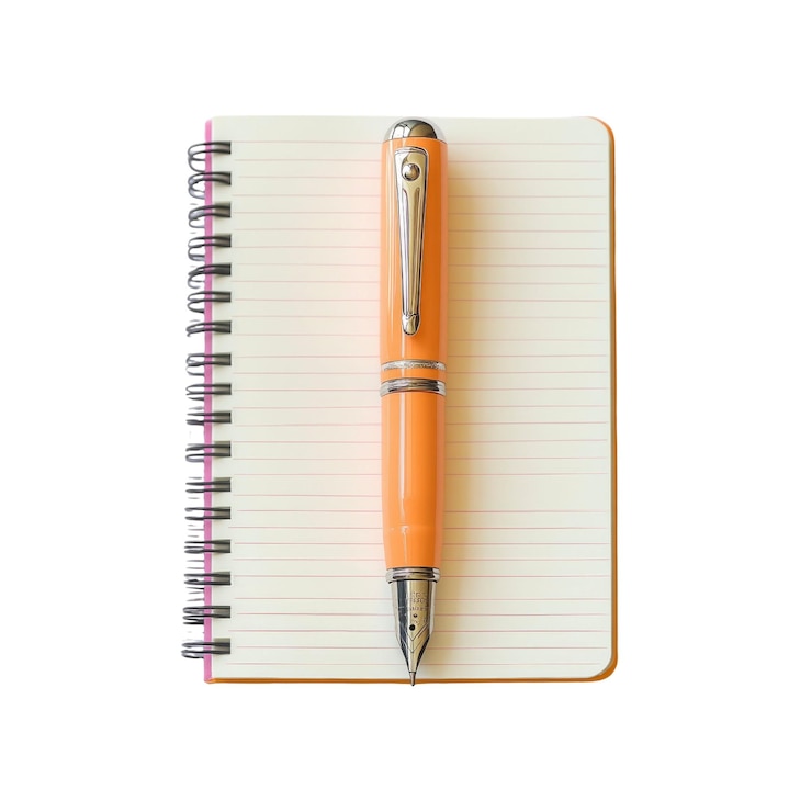 PSD orange fountain pen on notebook