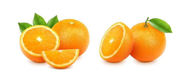 orange fruit and orange sliced with green leaves transparent background