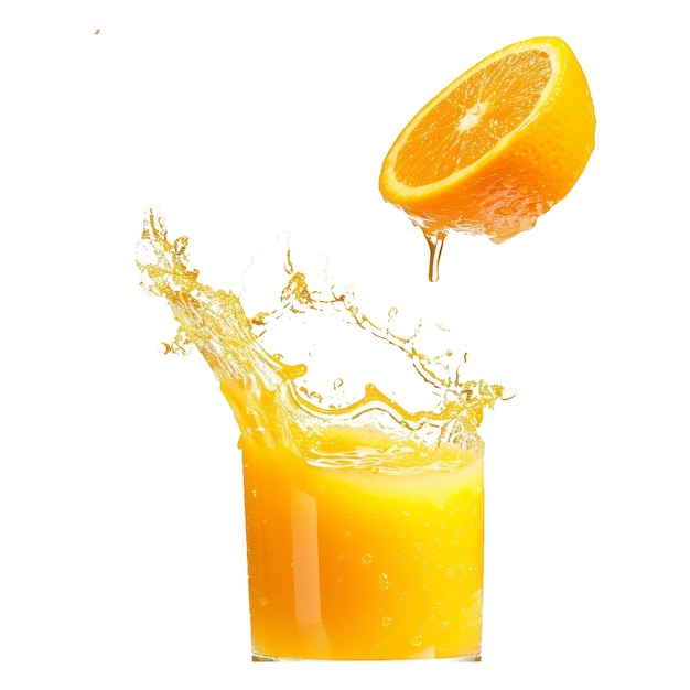 PSD orange fruit slice and juice glass with splash and drops flying falling