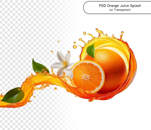 橙色水果与橙色喷与果汁 3D 幻觉在 png 透明背景上