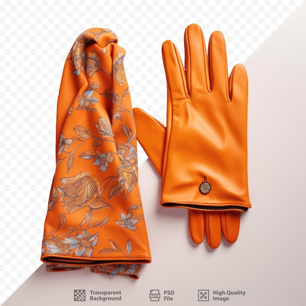 PSD Оранжевые перчатки с цветочным узором и синим цветком слева.
