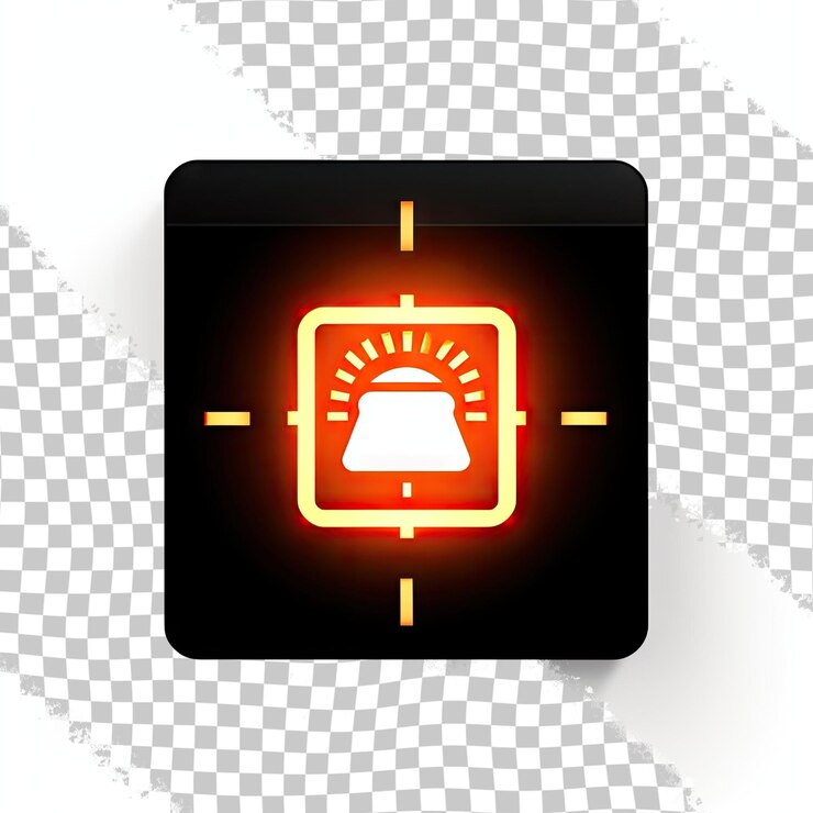 PSD orange glowing floppy disk backup icon isolated on transparent background diskette sign black squa