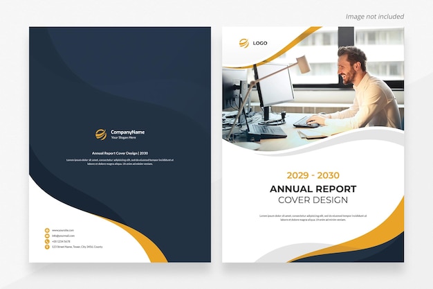 Orange grey and dark blue waves annual report front and back cover design template