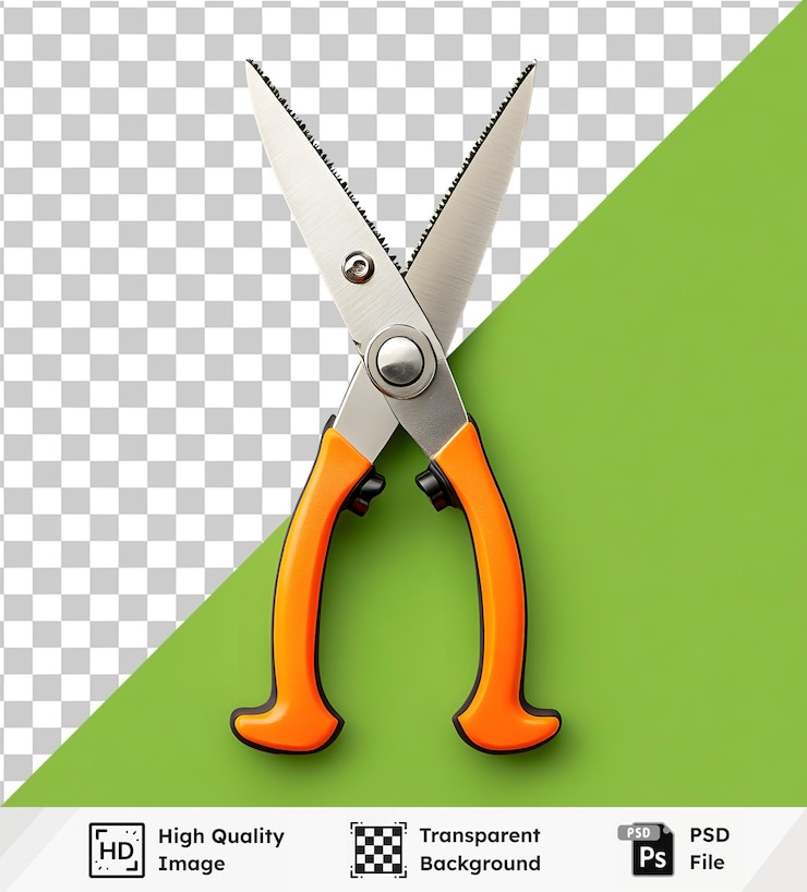 PSD orange handled scissors isolated on green background transparent image