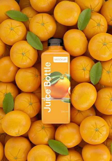 PSD orange juice bottle on top of a stack of oranges mockup