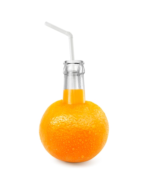 PSD orange juice bottle with straw on orange fruit transparent background