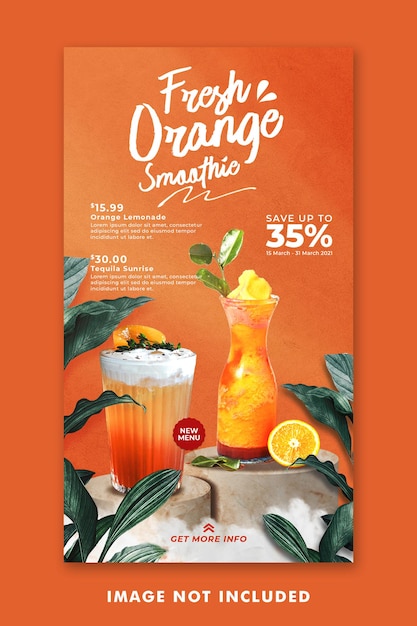 Modello di instagram di post sui social media del menu della bevanda del succo d'arancia per la promozione del ristorante