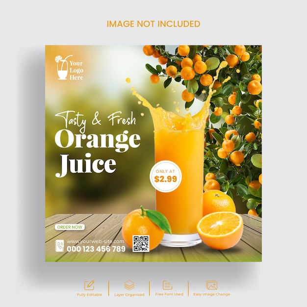 オレンジ ジュースのフード メニューのソーシャル メディア バナーまたは Instagram の投稿テンプレート