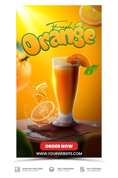 PSD succo d'arancia menu ristorante bevanda promozione modello di progettazione