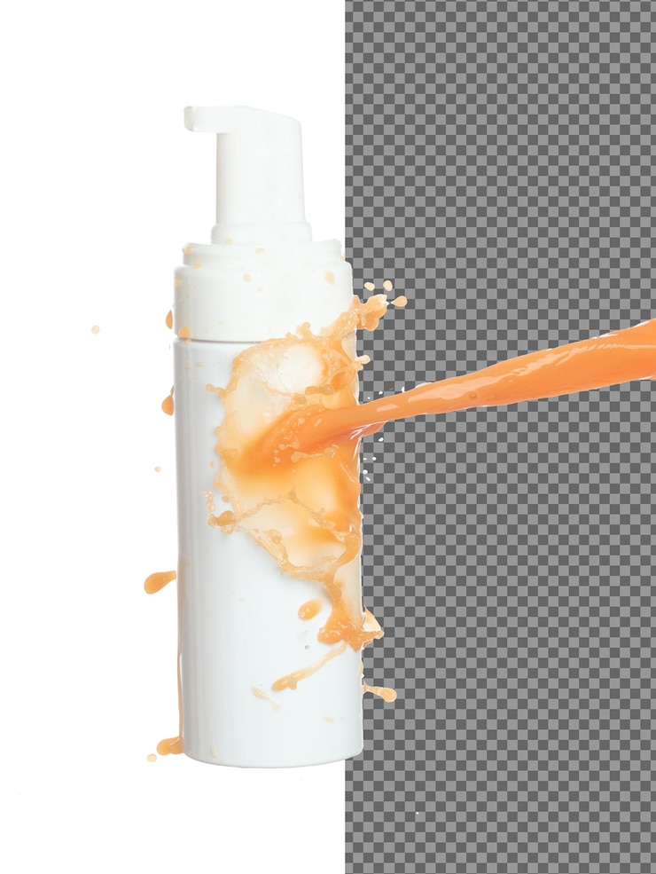PSD orange juice moisturizer lotion cream pouring down in cosmetic bottle container orange paint beauty lotion fluttering explosion in air splash spill like explosion droplet white background isolated