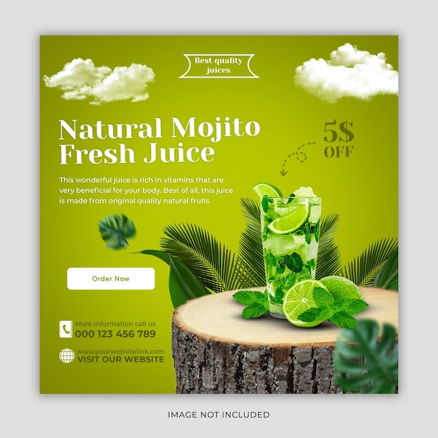 오렌지 주스 모히토 스쿼시 음료 메뉴 프로모션 크리에이티브 소셜 미디어 인스타그램 포스트 배너 템플릿