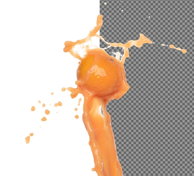 PSD orange juice pouring down in shape form line orange juicy hit full fruit fluttering explosion in air liquid water splash spill like explosion droplet white background isolated stop motion freeze