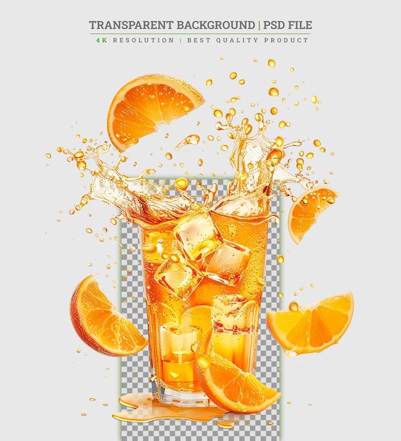 PSD orange juice splash in glass and slices of orange on white background