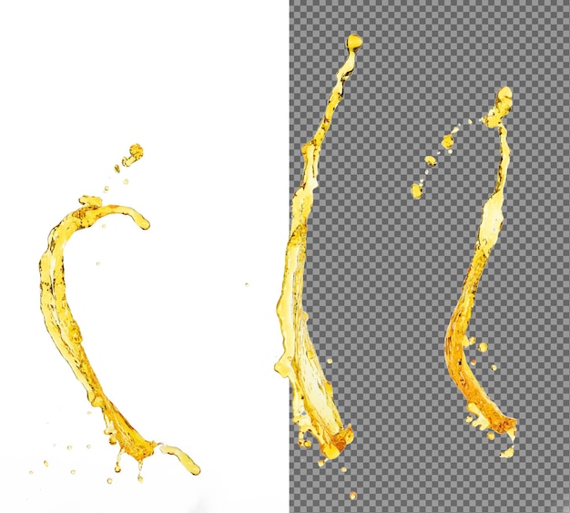 PSD orange lemon juice or oil lubricant splash liquid gold yellow drink drops fruit beverage water elements in line form fresh splashing and flowing jets white background isolated freeze motion