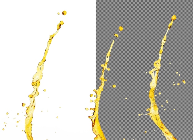 PSD orange lemon juice or oil lubricant splash liquid gold yellow drink drops fruit beverage water elements in line form fresh splashing and flowing jets white background isolated freeze motion