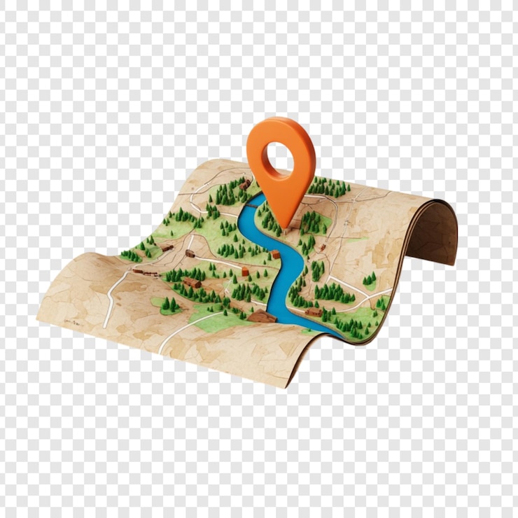 PSD orange location pin on a rolled map showing a river and green trees