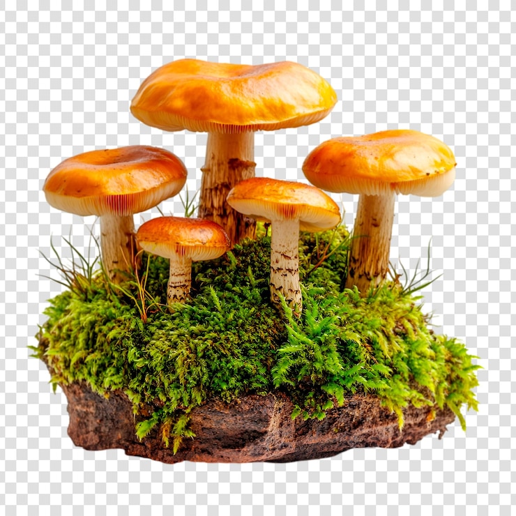 PSD orange mushrooms growing on mossy rock in nature autumn forest fungi