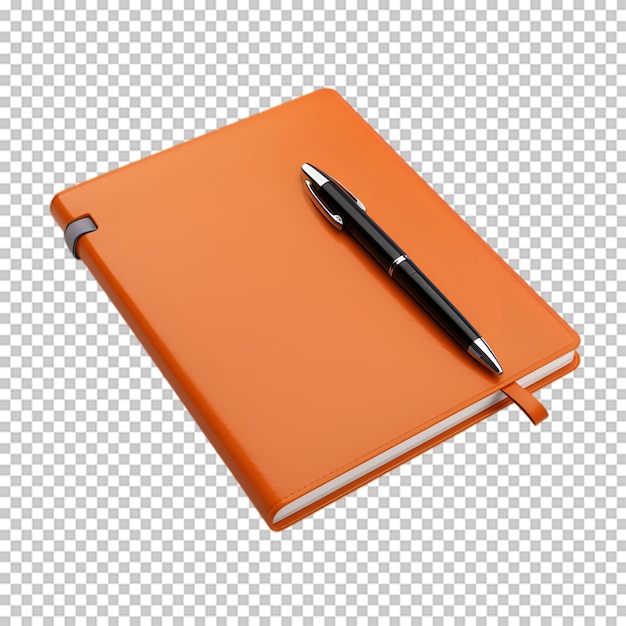 Оранжевый ноутбук с изолированным ручкой прозрачным фоном