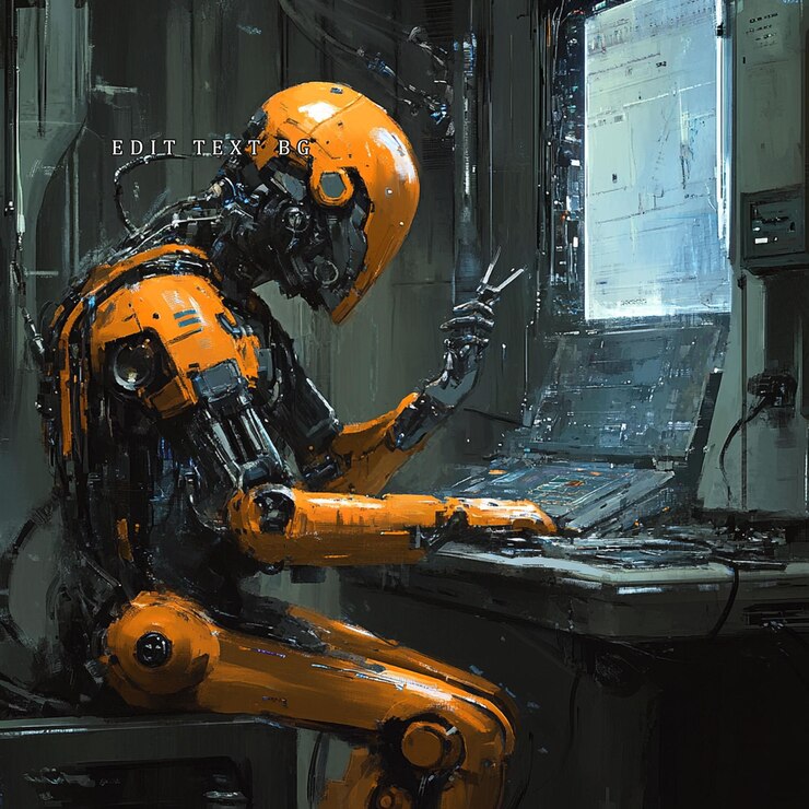 PSD orange robot repairs futuristic computer in dark room
