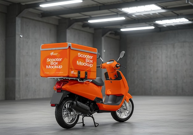orange scooter with delivery boxes mockup in modern garage setting