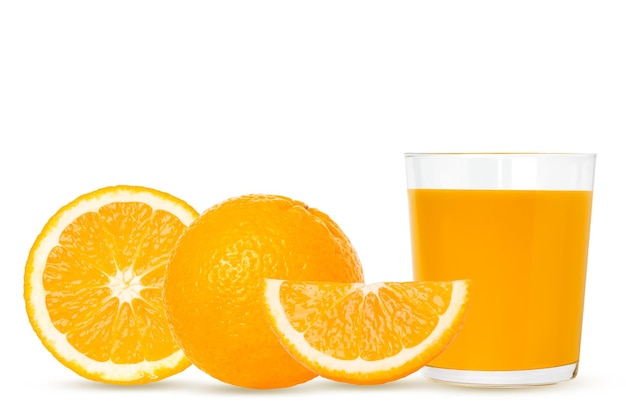 Orange set whole orange slices juice in a glass isolated