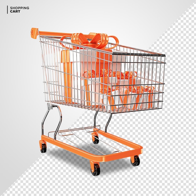 Orange shopping cart with gift box 3d render isolated