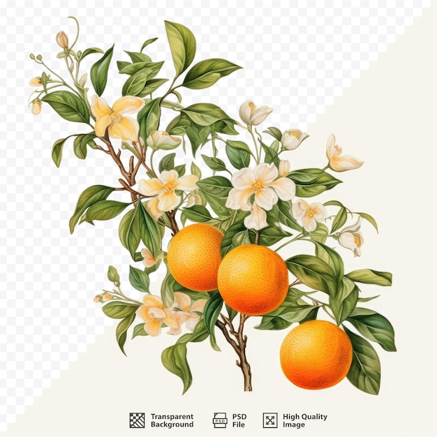 PSD un albero di arance con arance e fiori su di esso.