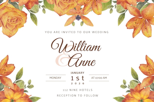 Orange watercolor flower wedding invitation template