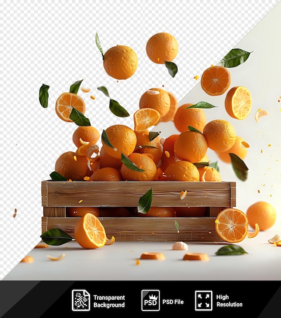 PSD Апельсины и мандарины падают на деревянную коробку