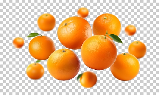 Oranges levitating in the air isolated on transparent background