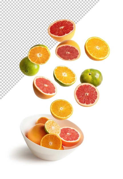 Arance e mandarini che volano in una ciotola