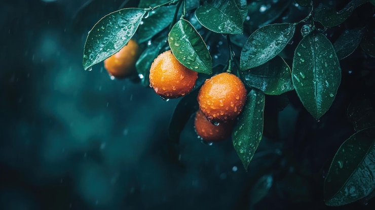 PSD oranges on a tree with raindrops