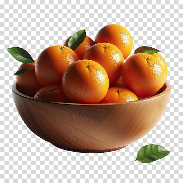 Oranges in a wooden bowl transparent background