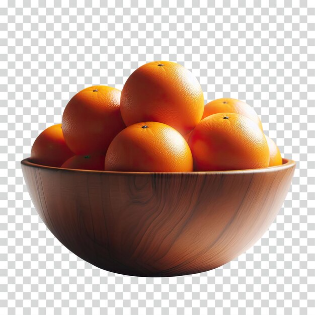 Oranges in a wooden bowl transparent background
