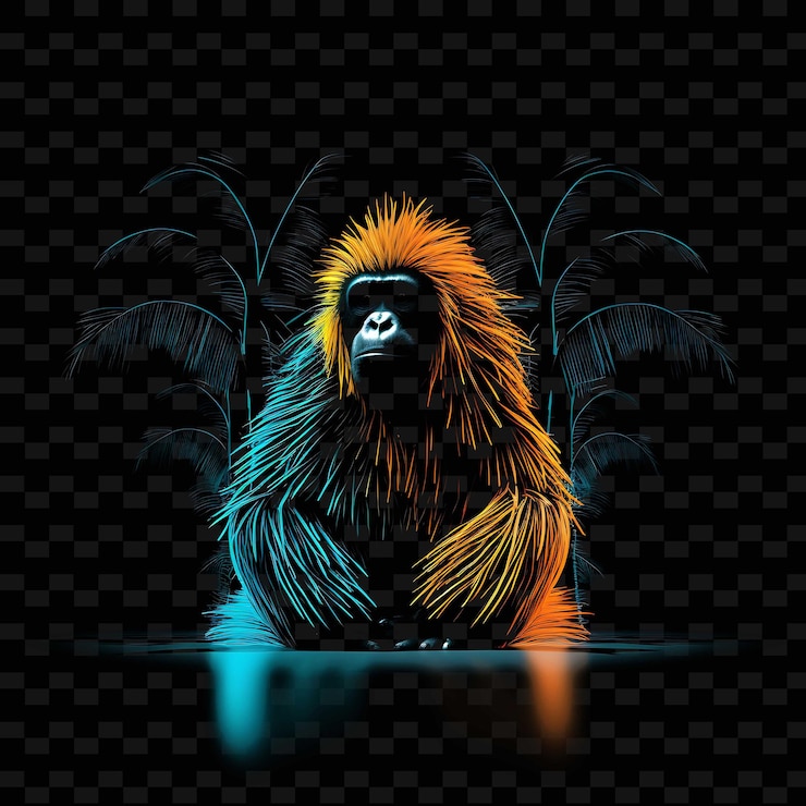 PSD orangutan rainforest wonder zigzag neon lines coconut trees png y2k shapes transparent light arts