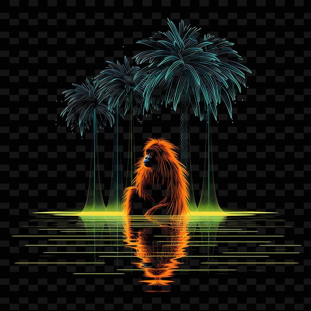 PSD orangutan rainforest wonder zigzag neon lines coconut trees png y2k shapes transparent light arts